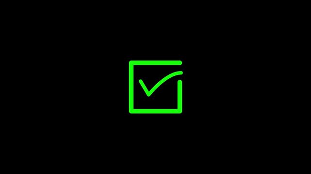 Green checkmark appears within a rectangular frame on black