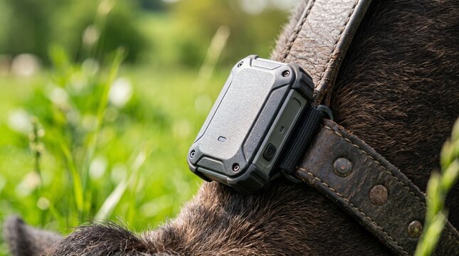 Close up of a GPS tracker on a dogs collar in a grassy field.
