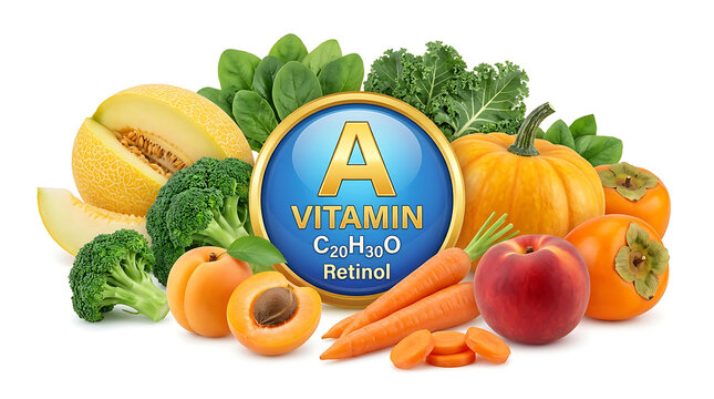 Vitamin A food sources with retinol chemical formula and healthy nutrition elements