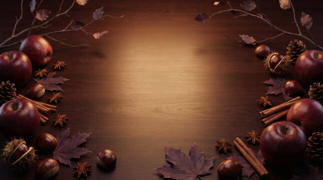Autumn tabletop background framed with red apples cinnamon sticks chestnuts and star anise for product display