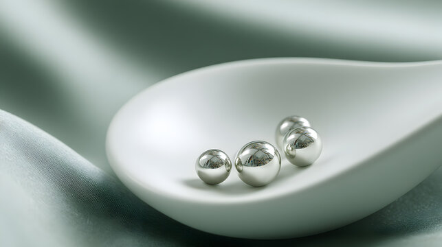 Shiny silver metal balls resting on a white ceramic spoon