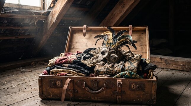 An antique wooden trunk filled with vintage theatrical costumes and ornate feathered masks, placed inside a dusty old attic. Warm sunlight streaming through a small window, visible dust particles, rus