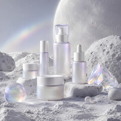 Fototapeta premium Minimalist white skincare bottles on icy glacier with soft rainbow light reflection