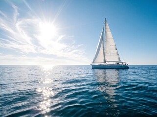 Fototapeta premium White yacht sailing on calm blue sea water under a bright sunny sky with lens flare navigation sunlight daylight nautical