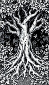 Intricate black and white illustration of a tree with exposed roots surrounded by foliage, bark, foliage