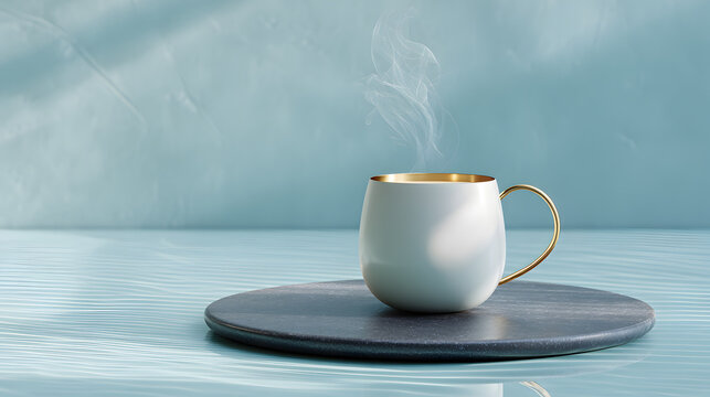 Steaming hot coffee cup with a gold handle on a dark round plate