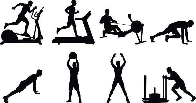 Collection of male athlete silhouettes executing various functional fitness training and high intensity cardio exercises isolated on white background