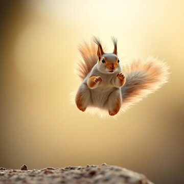 Jumping squirrel in mid-air with fluffy tail extended, tree, forest