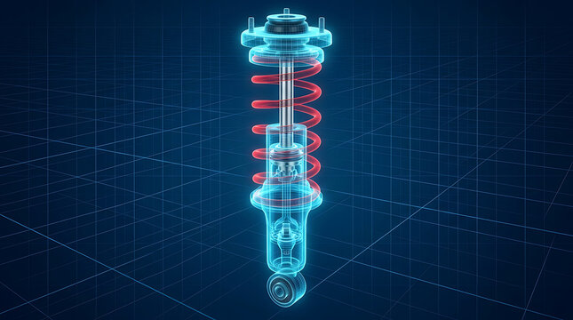 3D Holographic X-ray View of Automotive Suspension Strut with Red Coil Spring on Tech Grid