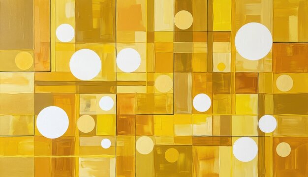 Abstract geometric painting with yellow and gold rectangular blocks and white circular shapes in a modern contemporary style
