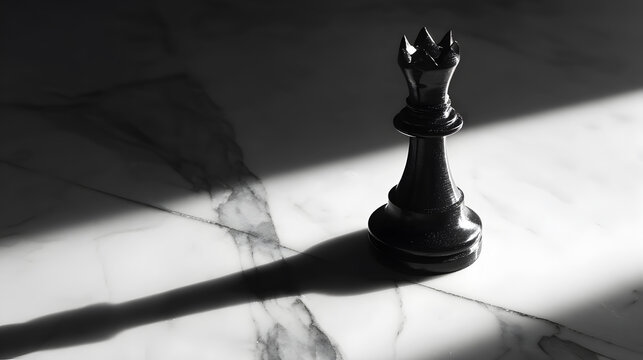 Black chess queen piece standing on a marble surface with dramatic lighting