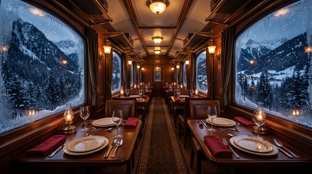 uxury vintage train dining car traveling through snowy Alpine mountains, elegant dark wood interior, warm golden lamps, beautifully set dining tables, frosted windows, dramatic winter scenery, cozy lu