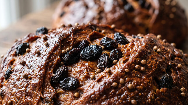 Freshly Baked Georgian Nazuki Sweet Spiced Bread with Raisins and Coriander Seeds Close-Up