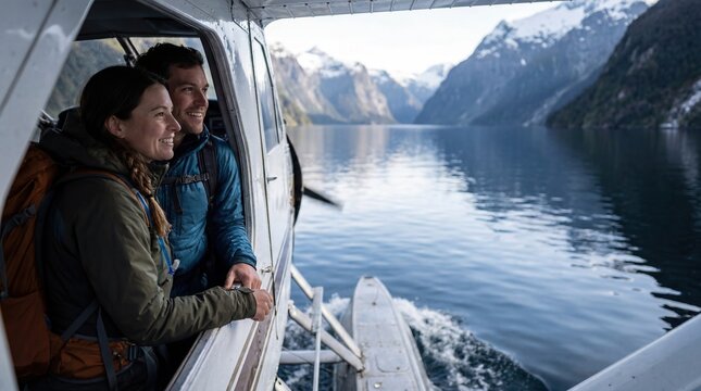 Couple enjoying scenic seaplane trip over mountains and lake for adventure travel