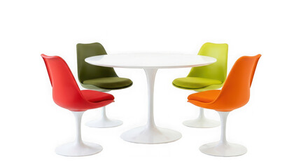 Obraz premium Modern dining table set with four colorful chairs isolated on transparent background