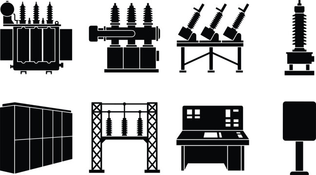 Electrical substation and high voltage power grid equipment vector icon set featuring transformers, switchgear, and control panels