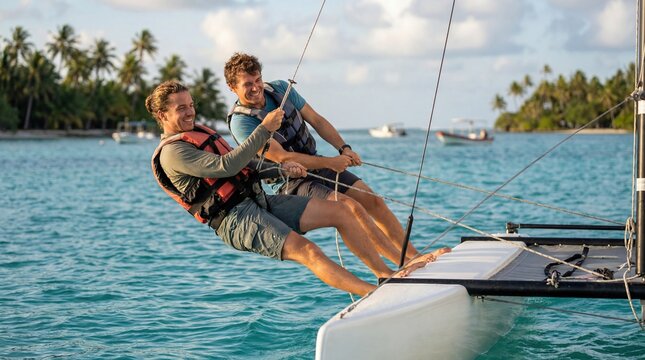 Couple learning to sail small catamaran together in tropical waters for fun