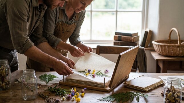 Couple pressing wildflowers together in a cozy workspace for nature preservation