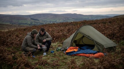 Fototapeta premium Couple cooking together while camping on remote hillside in nature