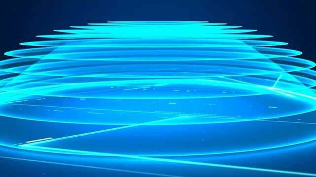 Abstract futuristic digital background with glowing blue concentric rings and geometric shapes in 3D space