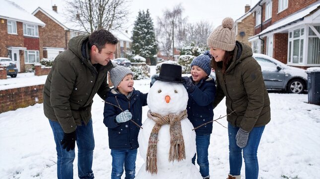 Family building snowman together in front yard during winter season