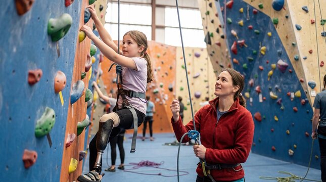 Girl climbing wall with adaptive equipment and guide belaying in indoor climbing gym