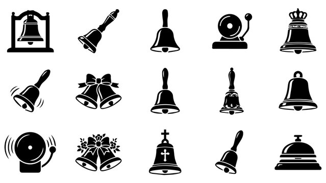 Set of black bell icons featuring various handbells and church bells for design and alerts