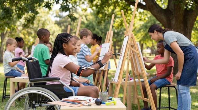 Girl in wheelchair painting on canvas outdoors with children in art class