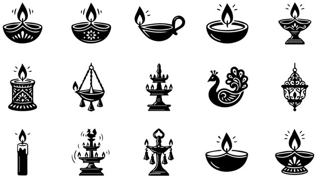Set of black and white diwali oil lamp icons with traditional candle and light flame designs