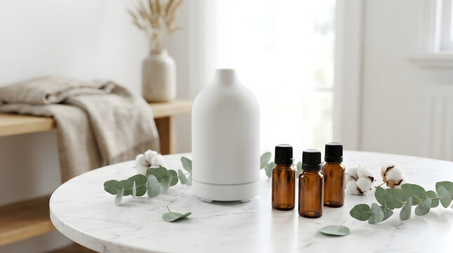White electric aroma diffuser with essential oil bottles on a marble table