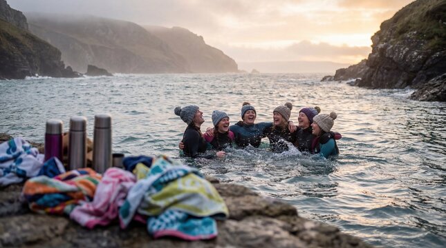 Group of women enjoying wild swimming at dawn in scenic coastal location