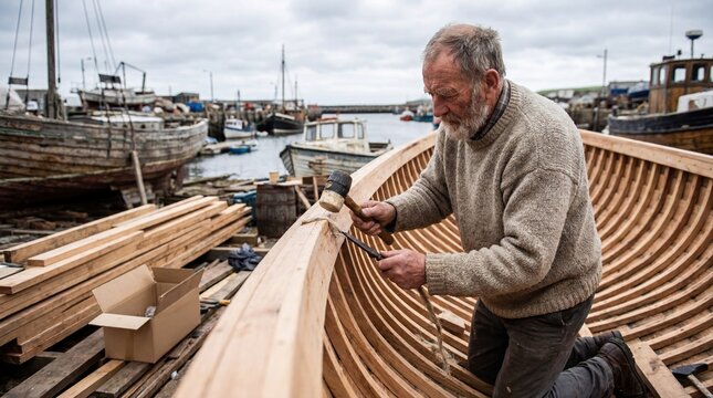 Man crafting traditional wooden boat in harbor with heritage craftsmanship
