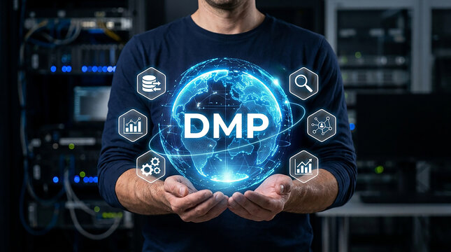 Digital Marketing Platform Hologram: A man holds a glowing holographic Earth with DMP at its center, surrounded by digital icons, in front of a server room backdrop, symbolizing data and technology.