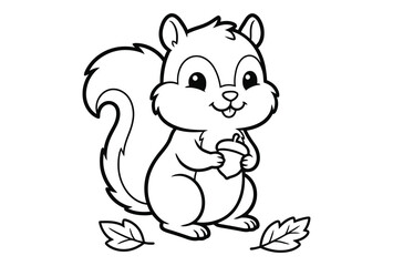 Obraz premium Cute cartoon squirrel holding an acorn surrounded by autumn leaves for children coloring book page line art illustration