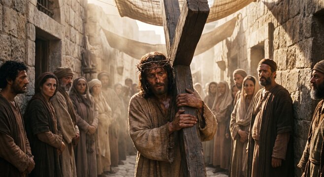 Jesus Christ wearing crown of thorns carrying wooden cross through narrow Jerusalem streets during Passion of Christ, cinematic biblical scene.