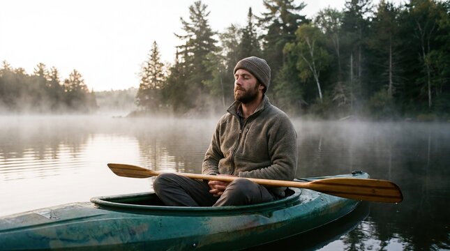 Man meditating on kayak in tranquil morning lake for mindfulness and relaxation