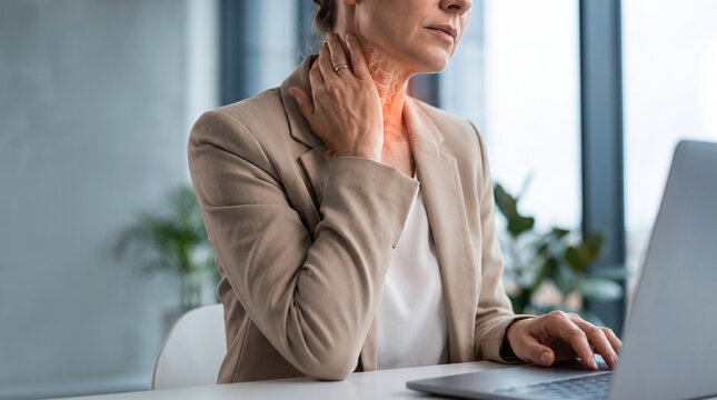 Neck pain and cervical spine inflammation, woman experiencing cervical discomfort at work