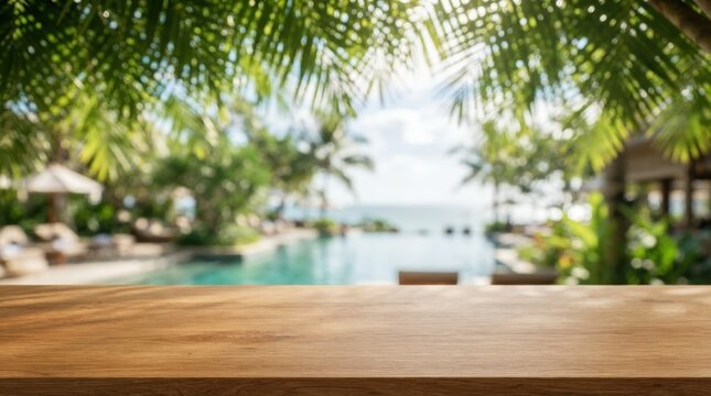 Tropical resort tabletop mockup with poolside background for product display