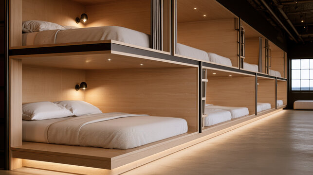 Modern capsule hostel interior with wooden bunk beds, soft lighting, cozy bedding, and minimalist design for comfortable urban accommodation