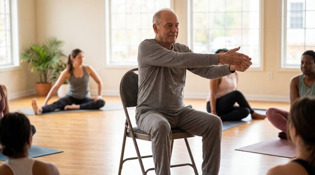Senior man demonstrating accessible yoga in calm studio for wellness and relaxation