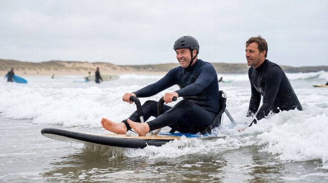 Man adaptive surfing with assistance in ocean waves for inclusive sports experience
