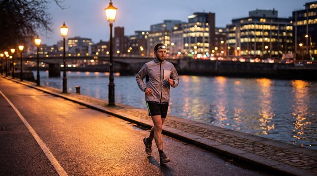 Man jogging along river path in evening with city lights and street lamps