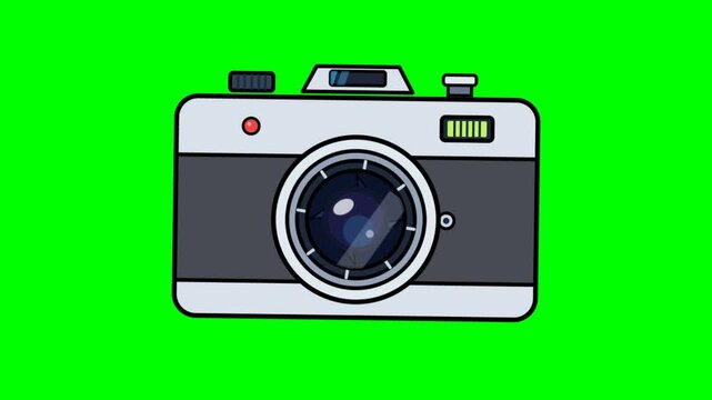 Vintage photo camera animation with opening and closing lens shutter, photography equipment motion graphic on chroma key green screen background