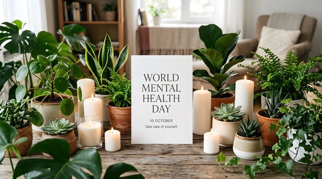 Mental health awareness display with plants and candles for wellness