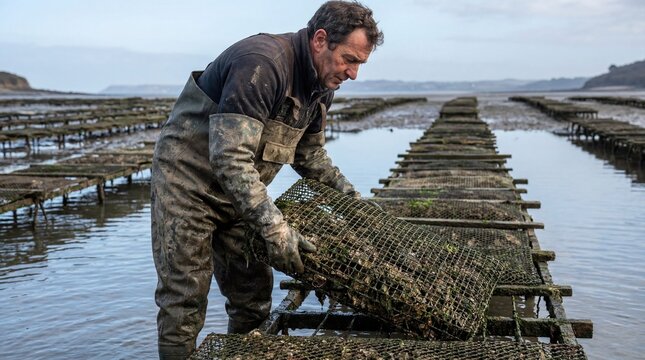 Man harvesting oysters from aquafarm in coastal waters for sustainable seafood