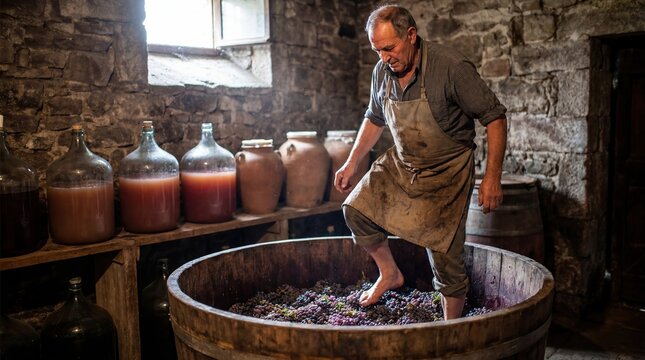 Man stomping grapes in traditional wine cellar for natural wine production