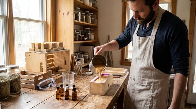 Man making natural soap in home workshop with essential oils and wooden molds