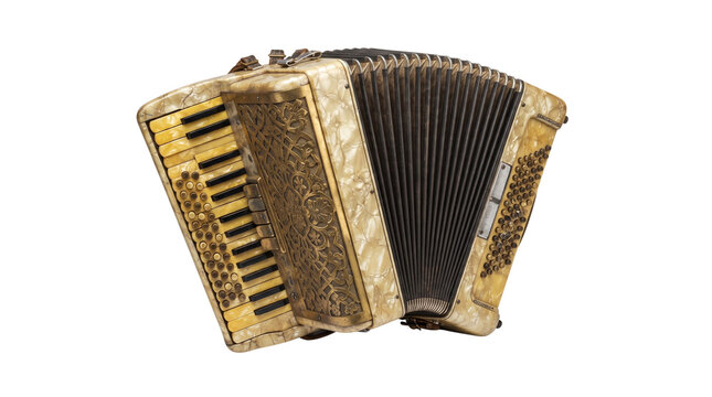 Vintage accordion with mother of pearl finish. Antique musical instrument on white background. Retro squeeze box for folk music.
