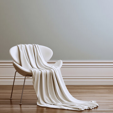 White fleece blanket draped over modern chair, soft texture, minimal interior, cozy atmosphere, wooden floor, neutral wall