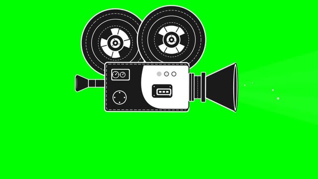 Vintage movie projector camera animation with spinning film reels and light beam, retro cinema camera motion graphic on chroma key green screen background